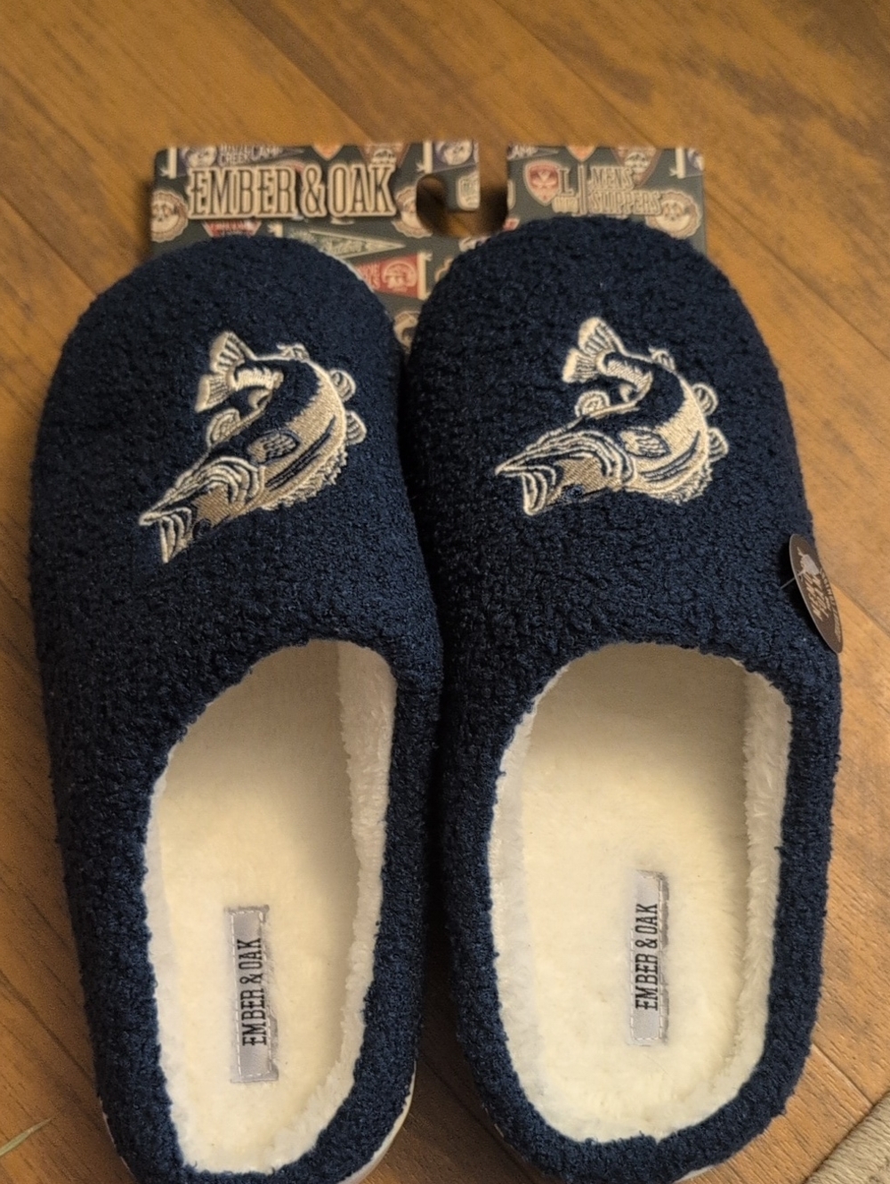 Men’s Navy Fish Embroidered Slip-On Slippers